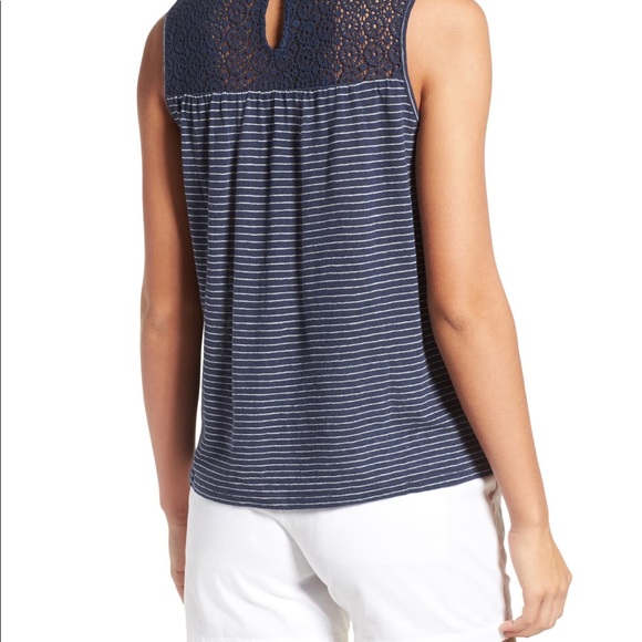 Caslon Striped Lace Yoke Tank Top / Blue / L - Picture 2 of 5